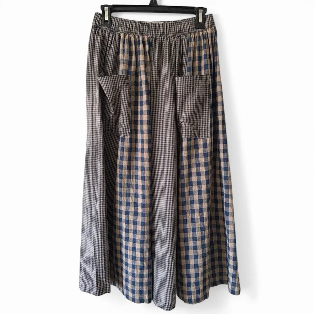 Amente LA Gingham Midi Skirt A-Line Preppy Cottagecore Elastic Waist Pockets - Picture 6 of 10